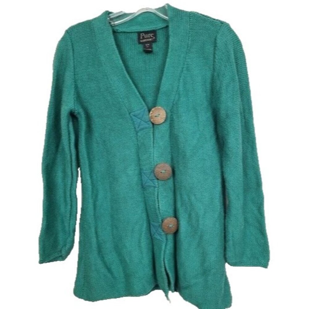 Vintage Pure Handknit Womens Cardigan Small/Medium Green Wood Buttons Lagenlook